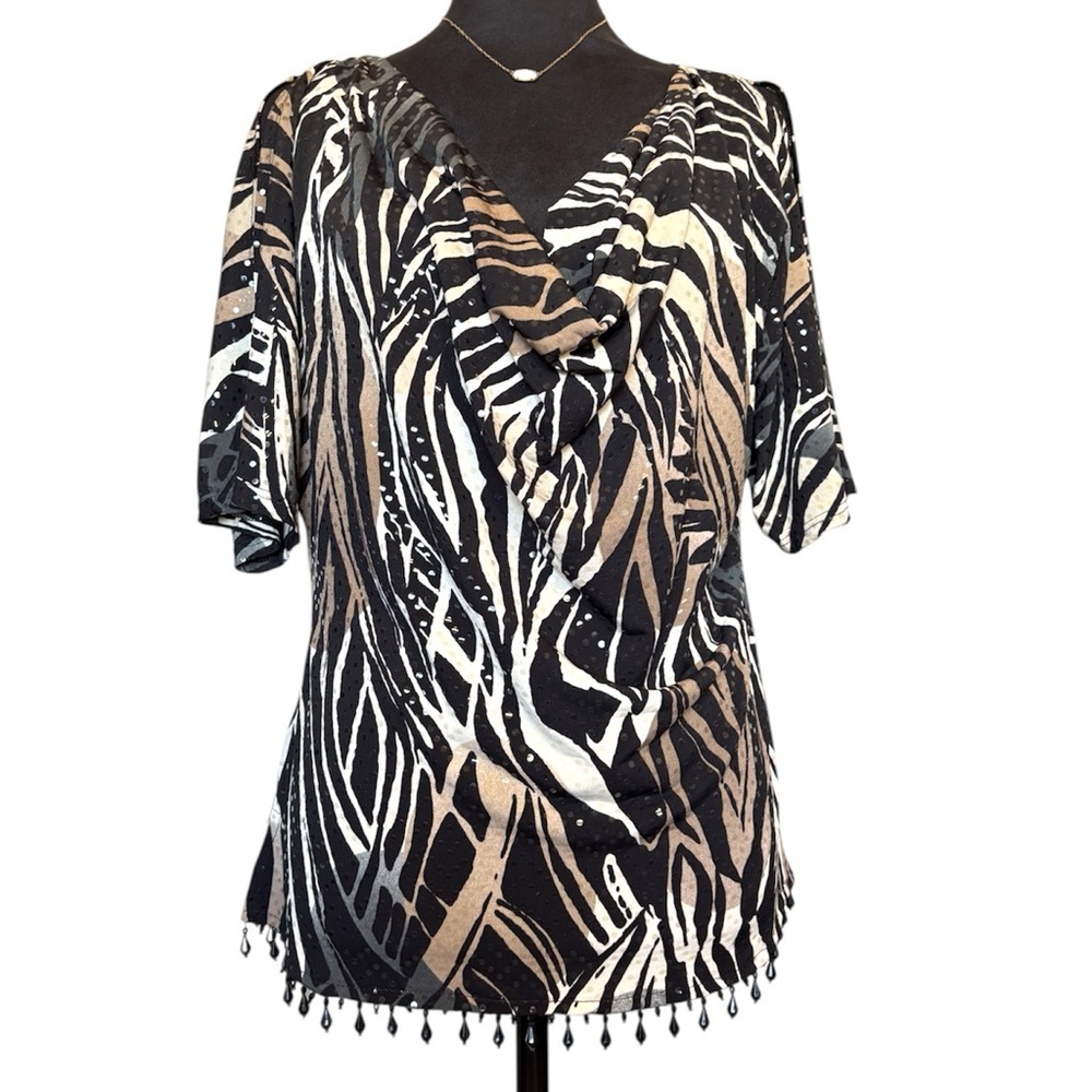 MSK Medium Black and White Zebra Print Cutout Sleeve Beaded Sequin Shirt